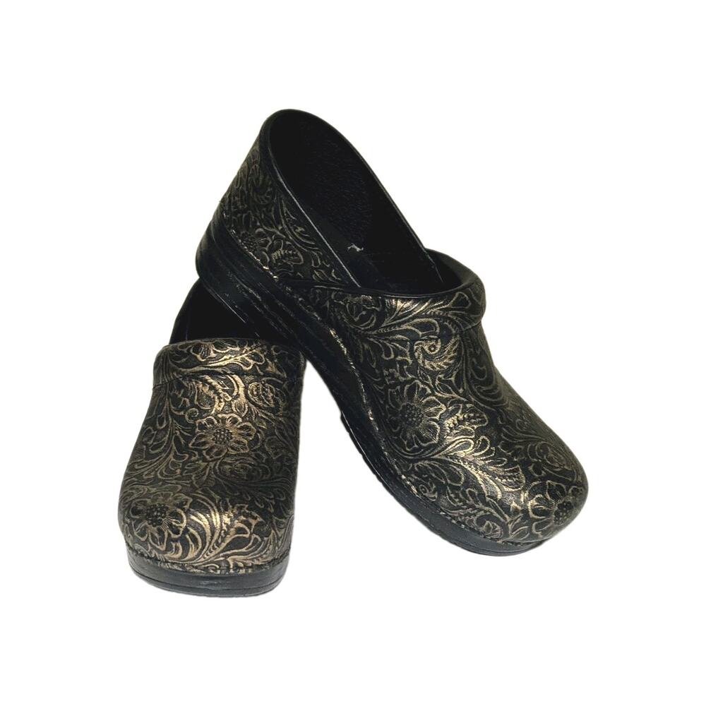 Dansko Professional Antique Tooled Brown Leather Clog Shoes
